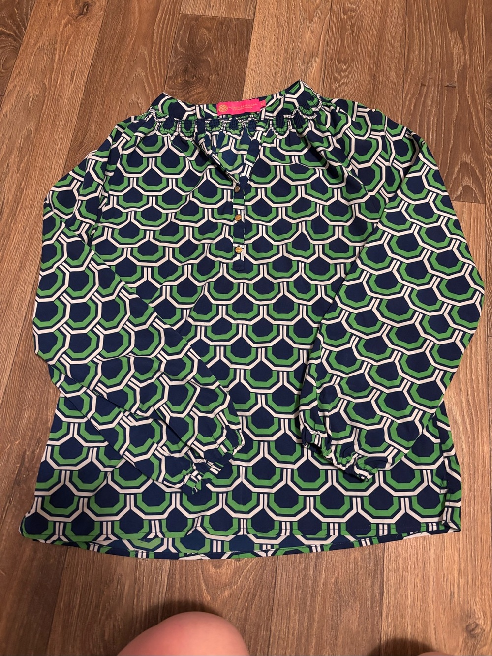 Macbeth Collection by Margaret Josephs Green and Navy Geometric Peasant Blouse